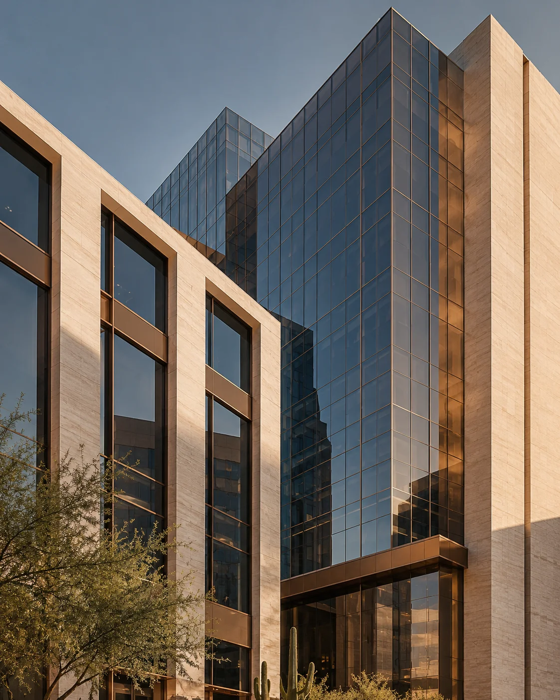 A close architectural study of bronze-toned glass and stone